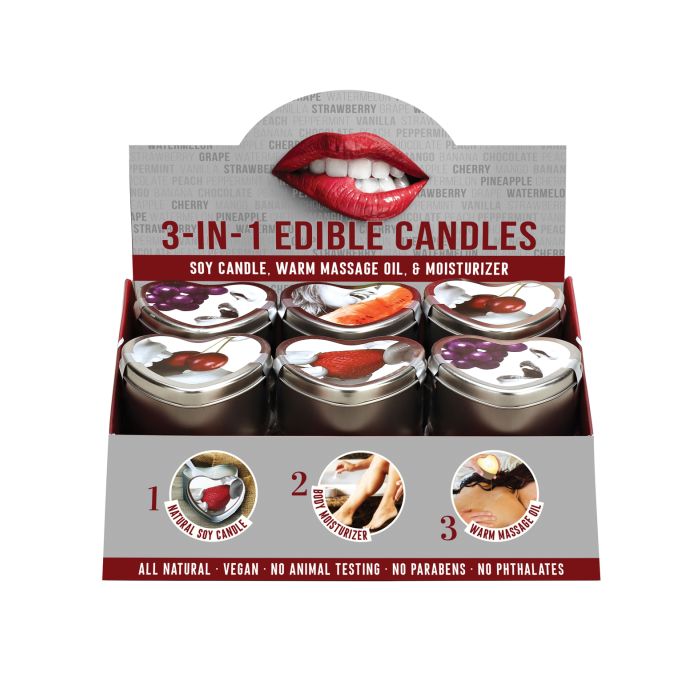 Earthy Body Edible Candle Display of 12  w/Tester - 4 Flavor Heart Tin